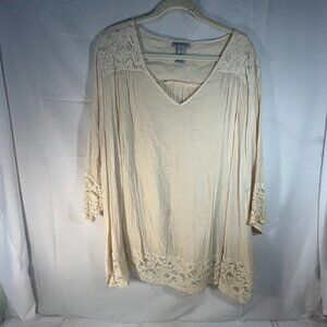 Catherine's Women's Blouse 3X Rayon Blend Cream Ivory Lace 3/4 Sleeves V Neck